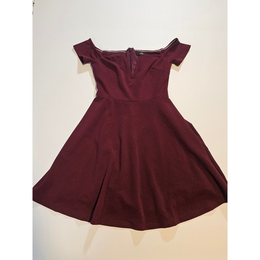Lulus Off Shoulder Dress XS Burgundy V Neck Fit Flare Skater Party